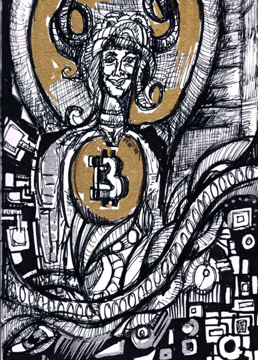 Click to view in high resolution Gold & Black Ink Drawing of a Blockchain Hussar