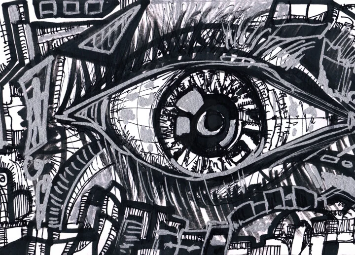 Click to view in high resolution Cyborg Eye Abstract in Black and Grey Ink