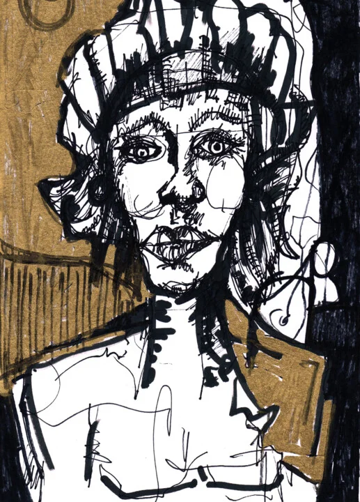 Click to view in high resolution Gold and Black Ink Drawing of a French Woman