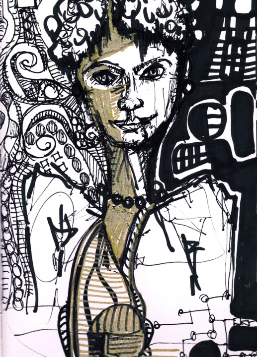 Click to view in high resolution Earthy Ochre and Black Ink Portrait of a Girl