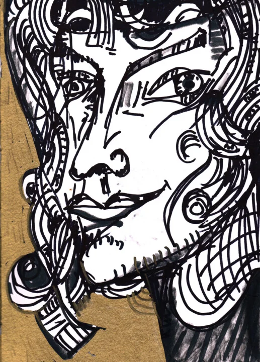 Click to view in high resolution Bold Woman in Black Ink on Gold Background