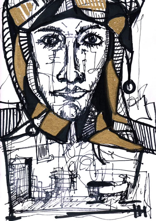 Click to view in high resolution Harlequin Mask in Black and Gold Ink