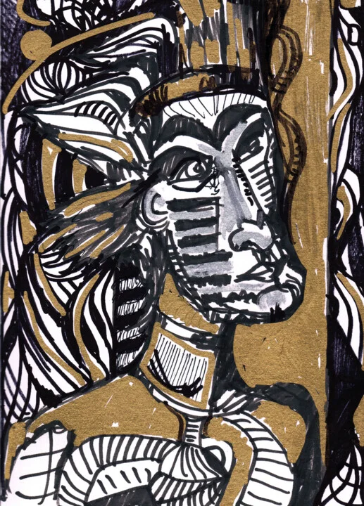 Click to view in high resolution Masked Figure in Black Ink on Gold Paper