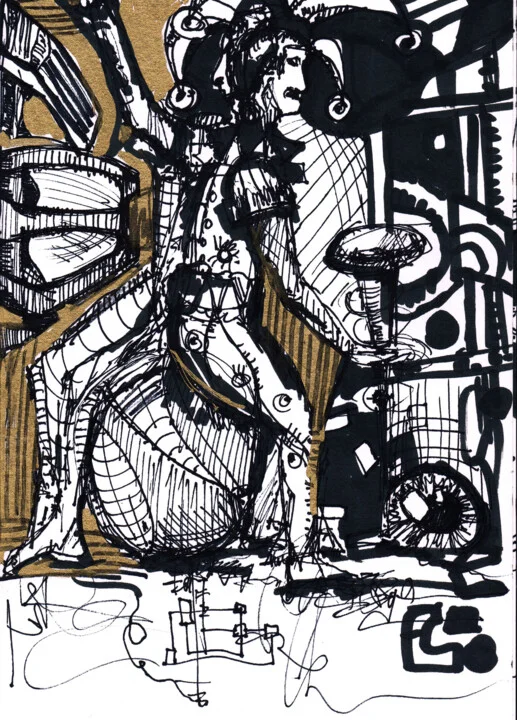 Click to view in high resolution Whimsical Jester in Black and Gold Ink