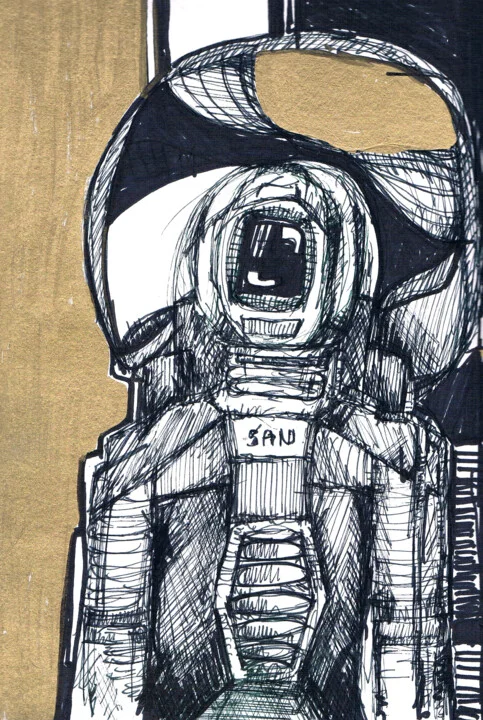 Click to view in high resolution Astronaut in Gold and Black Ink Drawing