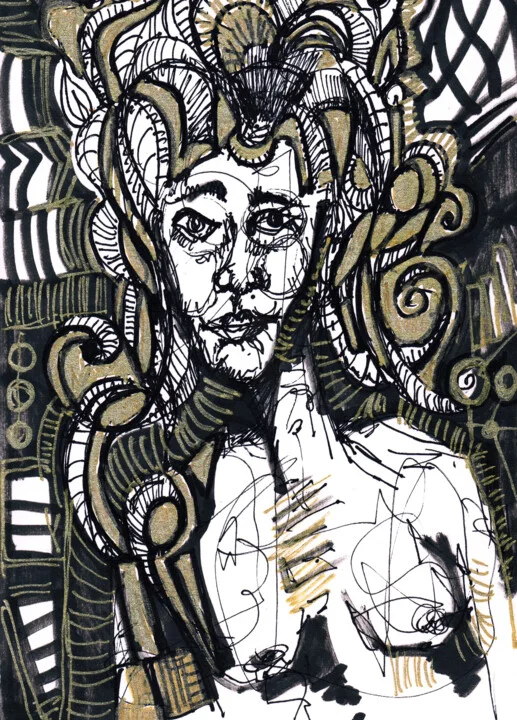 Click to view in high resolution Medusa Ink Drawing with Golden Accents