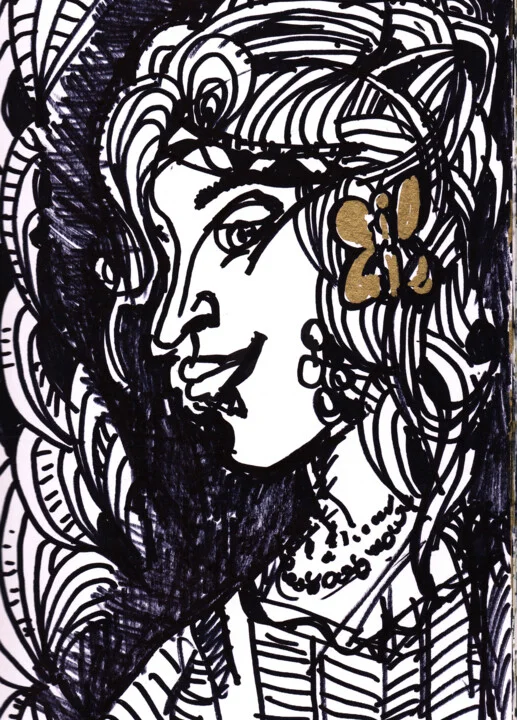 Click to view in high resolution Gold Butterfly Drawing with Ink Swirls