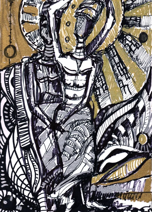 Click to view in high resolution Fluid Gold and Black Dancers Ink Drawing