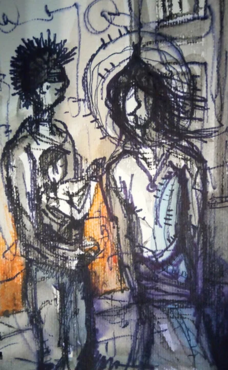 Click to view in high resolution Navy and Orange Family Scene Sketch