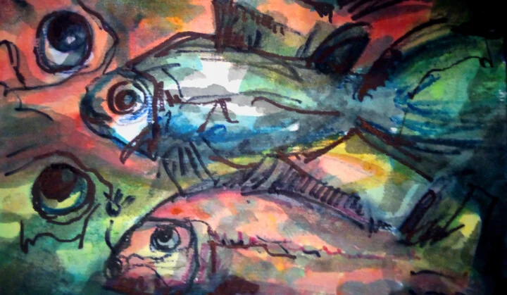 Click to view in high resolution Colorful Fish Ink Sketch on Paper