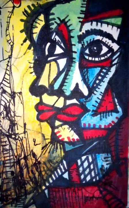 Click to view in high resolution Vivid Blue and Red Portrait Sketch