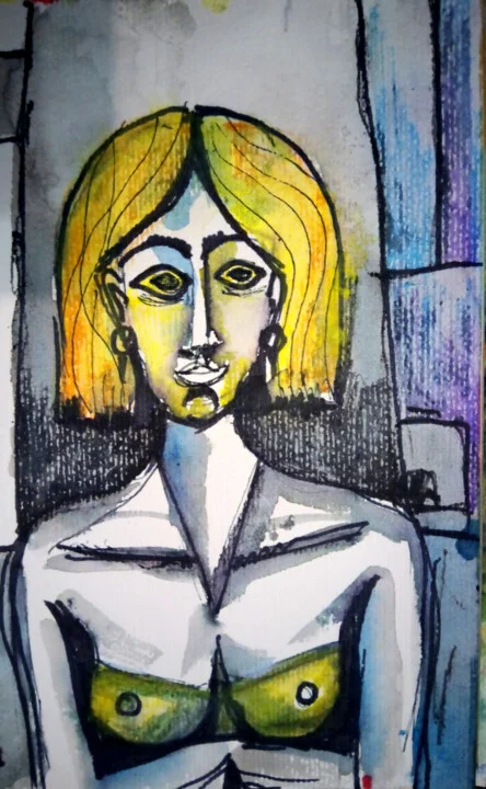 Click to view in high resolution Golden Green Ink Portrait on Paper