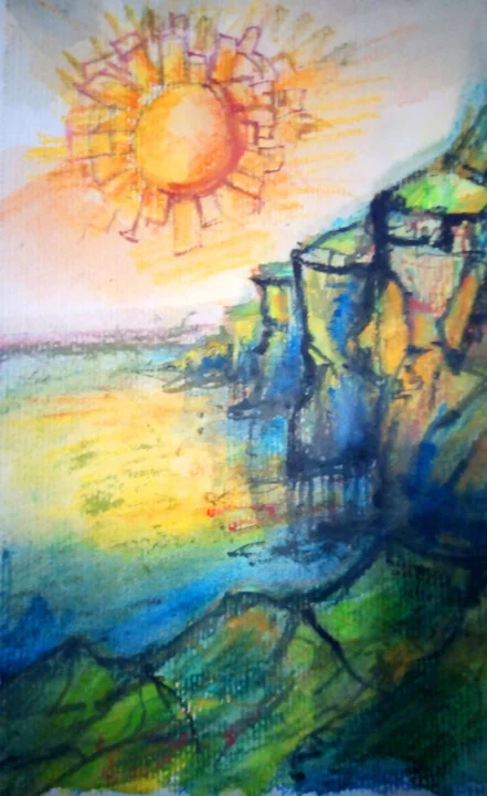 Click to view in high resolution Golden Yellow Coastal Landscape Watercolor