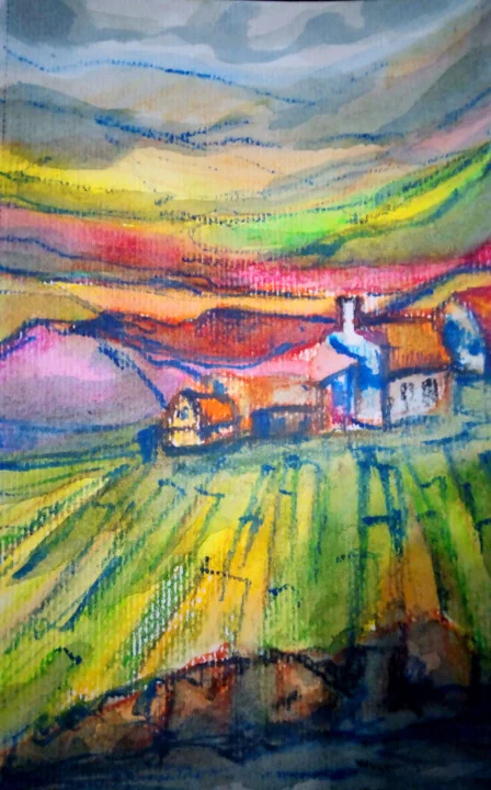 Click to view in high resolution Bright Yellow and Green Landscape in Watercolor