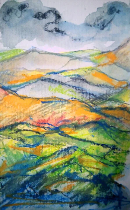 Click to view in high resolution Lush Green and Ochre Hillscape in Watercolor