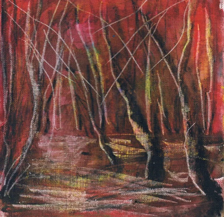 Click to view in high resolution Crimson and Gray Forest Landscape on Canvas