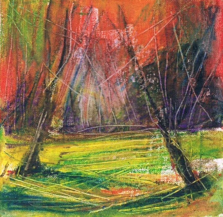 Click to view in high resolution Lush Green and Red Acrylic Landscape