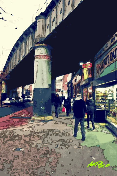 Click to view in high resolution Teal and Crimson Urban Landscape