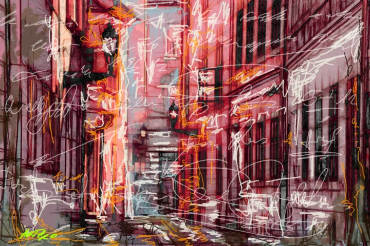 Click to view in high resolution Vivid Red Urban Scene Digital Art