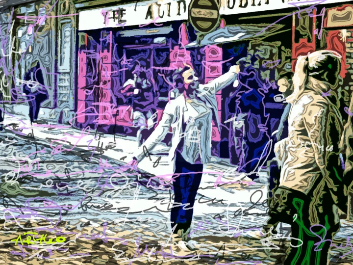 Click to view in high resolution Vibrant Pink and Green Urban Scene