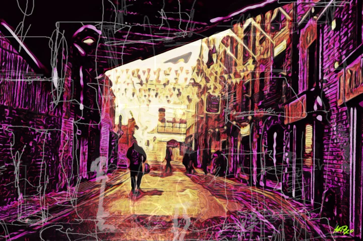 Click to view in high resolution Bustling Dublin Street in Ochre and Magenta