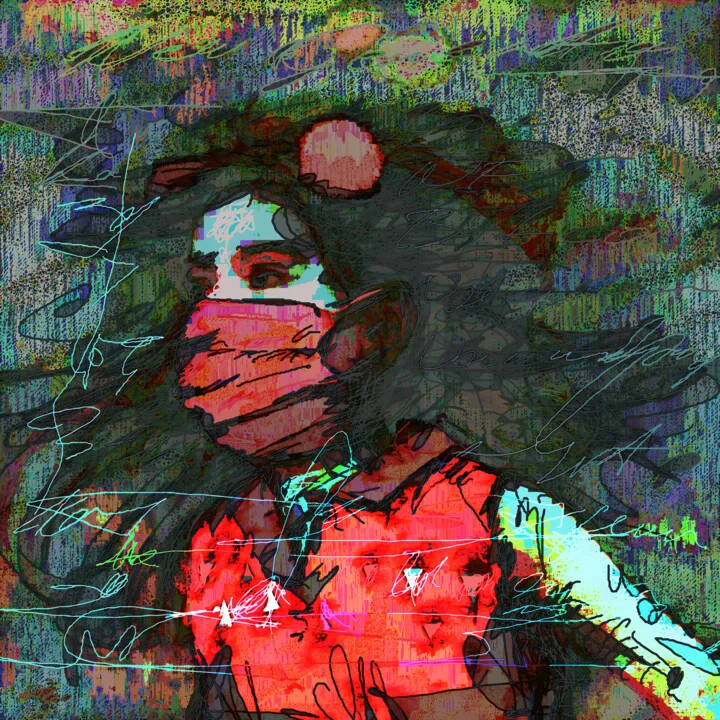 Click to view in high resolution Crimson and Cerulean Masked Digital Portrait