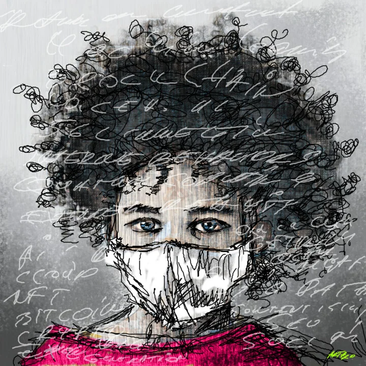 Click to view in high resolution Gray and Magenta Digital Masked Portrait