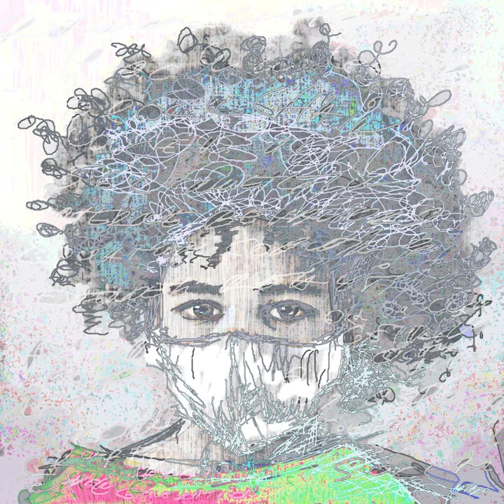 Click to view in high resolution Cyan and Charcoal Masked Girl