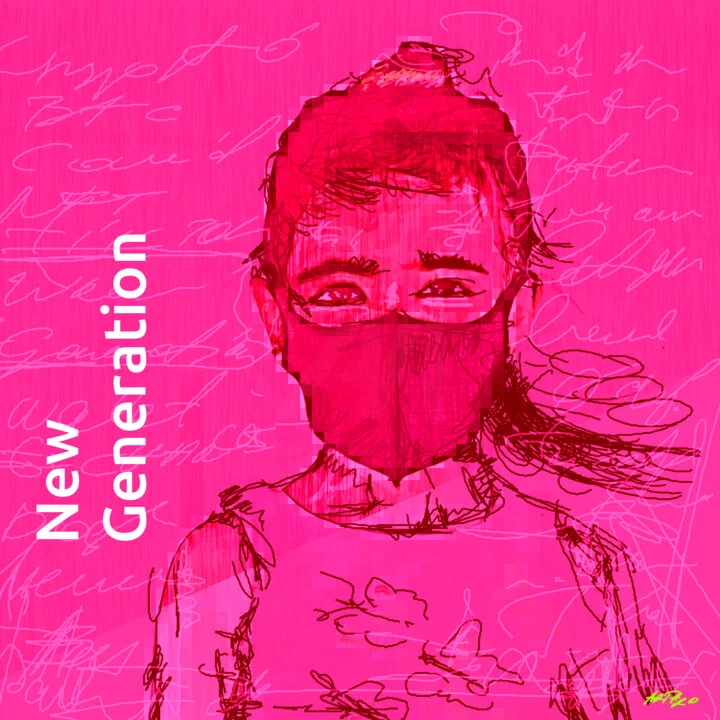 Click to view in high resolution Fuchsia and Crimson Young Masked Figure