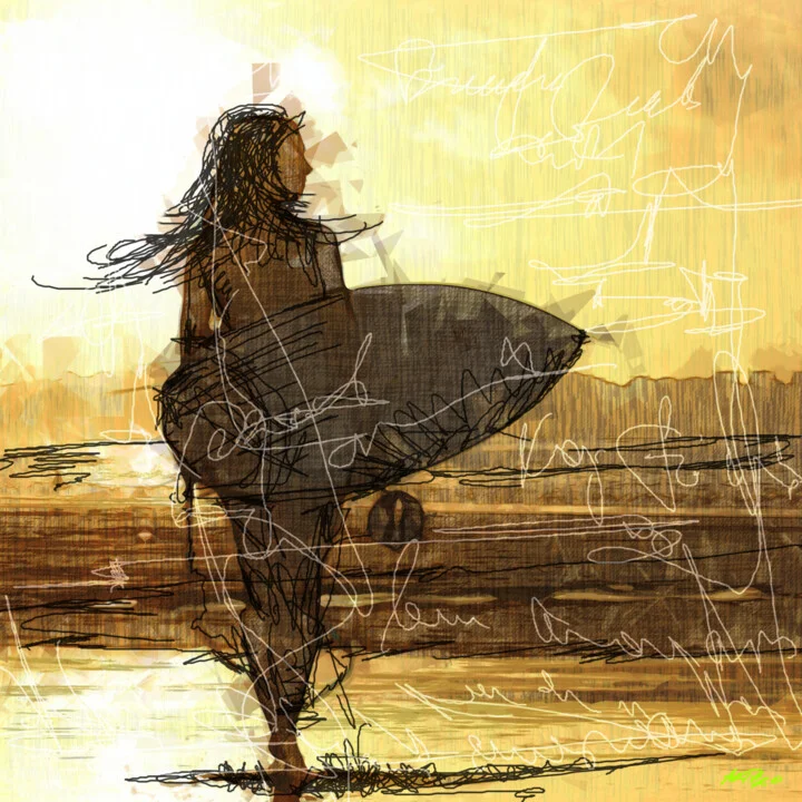 Click to view in high resolution Golden Sunset with Surfboard Silhouette