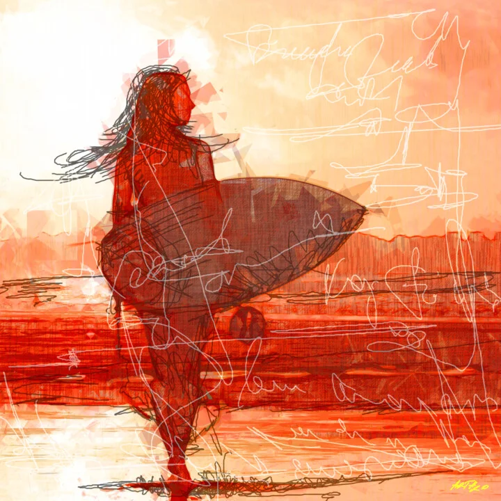 Click to view in high resolution Warm Red Sunset with Surfboard