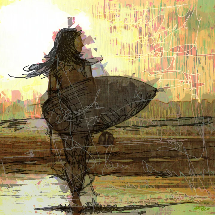 Click to view in high resolution Golden Hues and Surfboard Silhouette