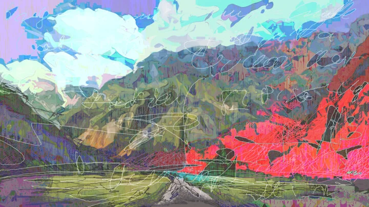 Click to view in high resolution Fuchsia Mountains and Cerulean Skies Landscape