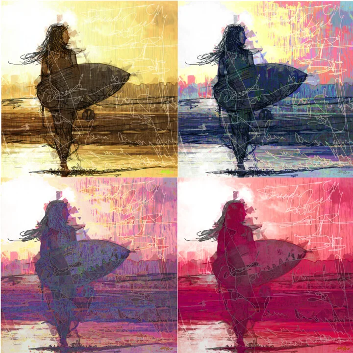 Click to view in high resolution Crimson and Yellow Surfer Girl Pop Art