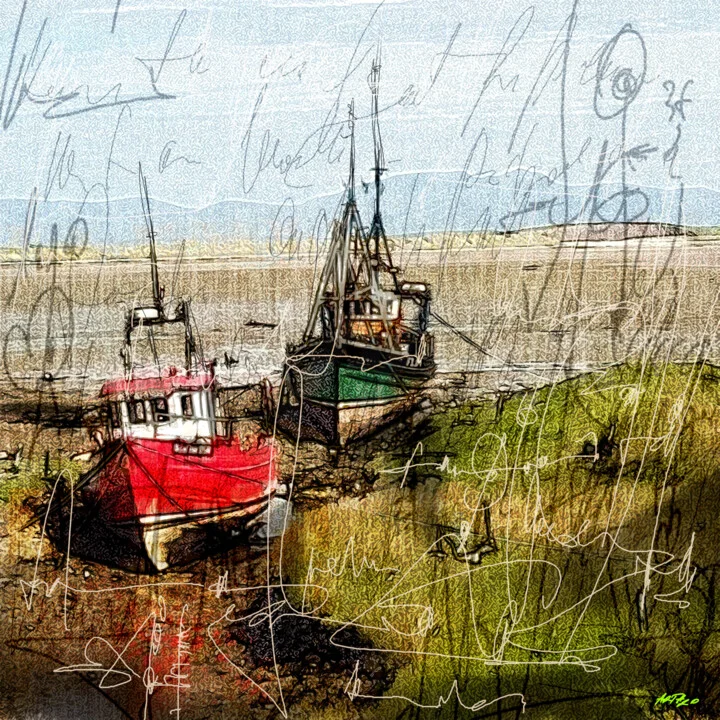 Click to view in high resolution Whimsical Colorful Fishing Boats in Digital Art