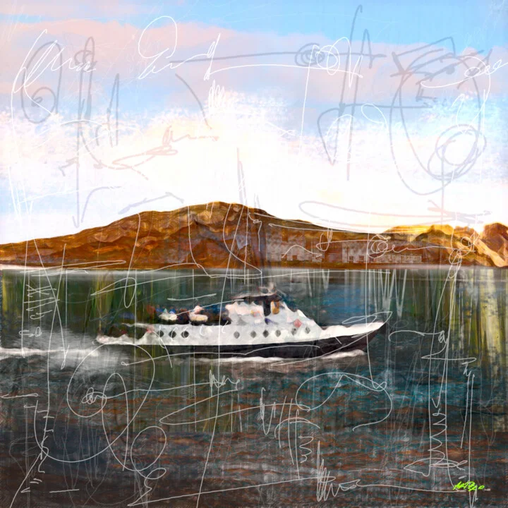 Click to view in high resolution Cerulean Waves with Sailing Boat Digital Art