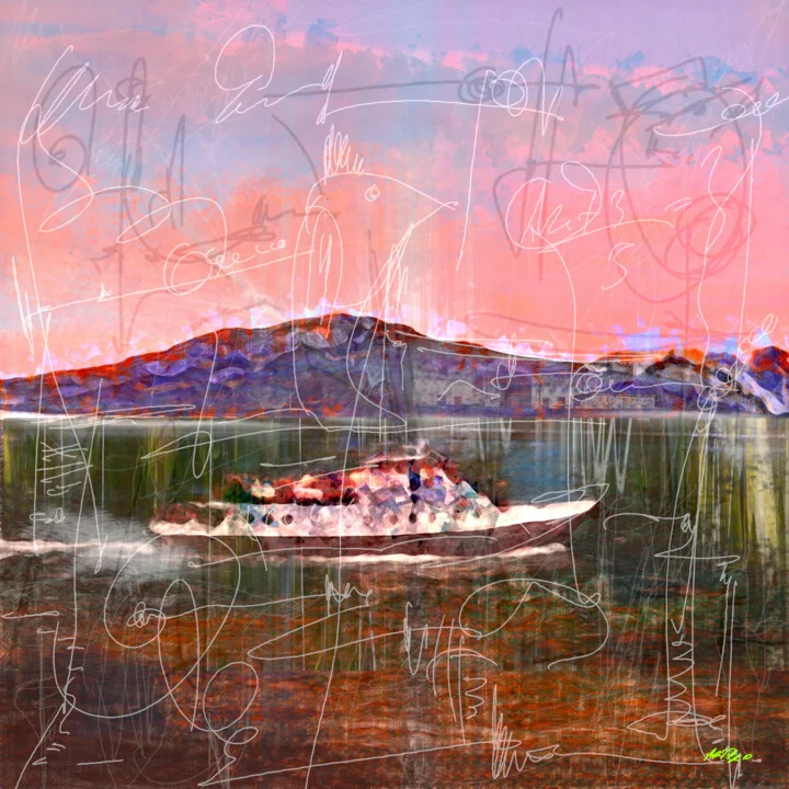 Click to view in high resolution Warm Pink Sunset with Boat Digital Art