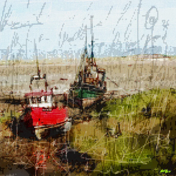 Click to view in high resolution Red and Green Ships on Coast Digital Art