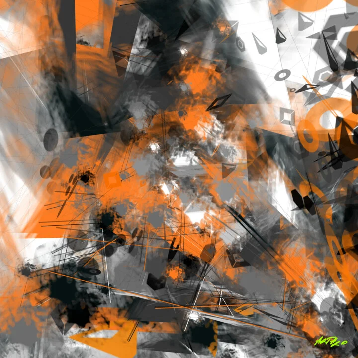 Click to view in high resolution Charcoal and Safety Orange Generative Abstract