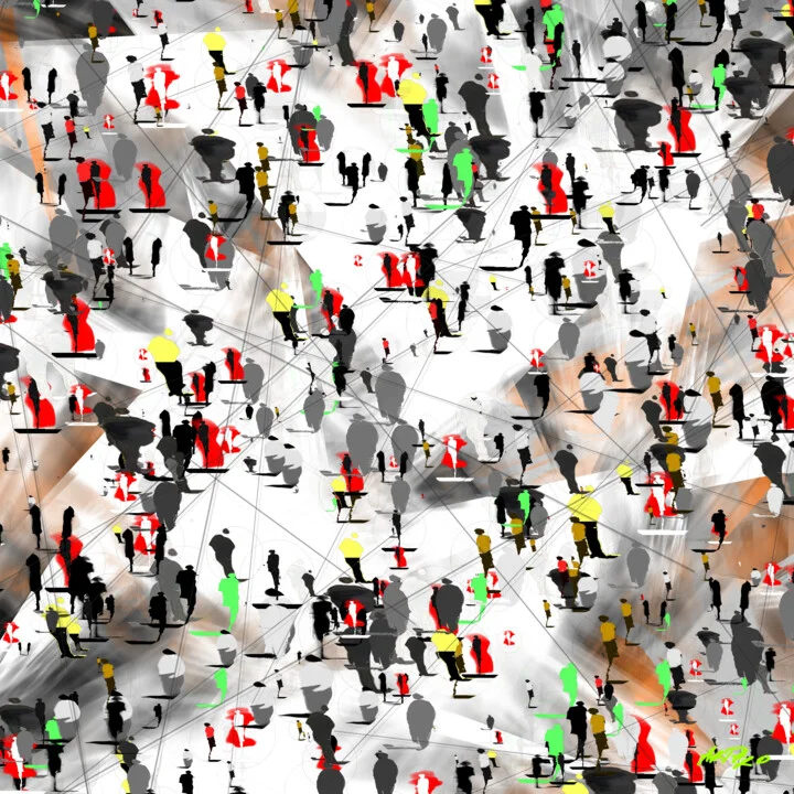 Click to view in high resolution Crimson and Charcoal Urban Figures Digital Art