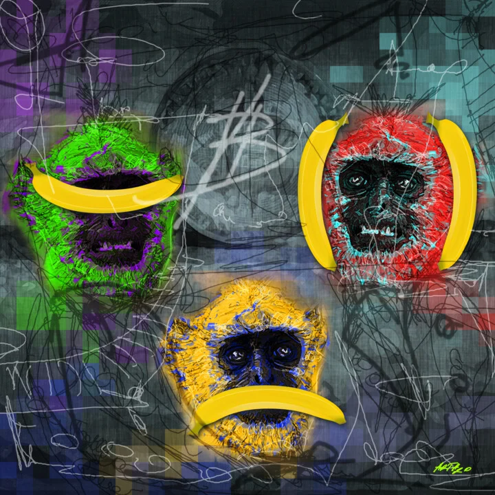 Click to view in high resolution Colorful Trio of Monkeys Digital Painting