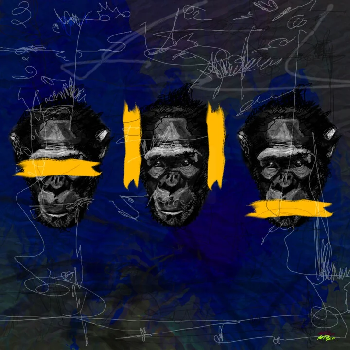 Click to view in high resolution Indigo and Yellow Monkey Faces in Digital Art