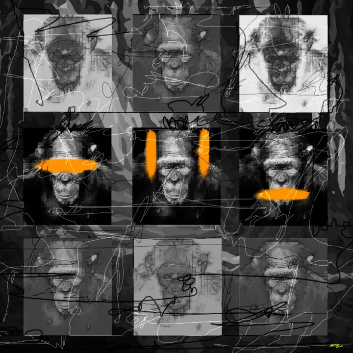 Click to view in high resolution Black and Orange Ape Faces in Digital Art