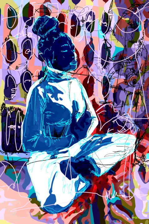 Click to view in high resolution Teal Meditative Woman Digital Artwork