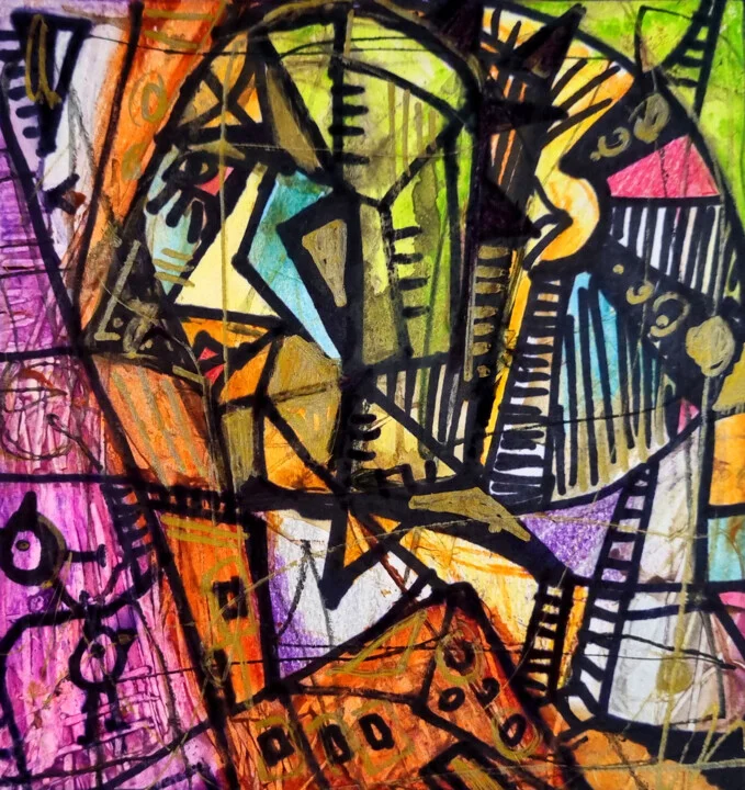 Click to view in high resolution Neon Yellow Geometric Faces on Paper