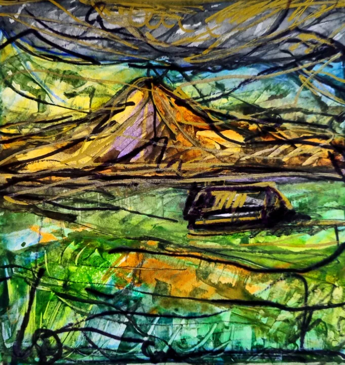 Click to view in high resolution Emerald and Ochre Landscape on Paper
