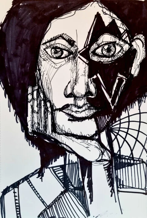 Click to view in high resolution Striking Black Ink Woman's Face Drawing