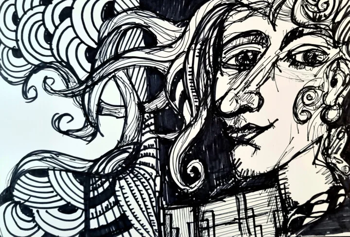 Click to view in high resolution Flowing Curly Hair Marker Drawing