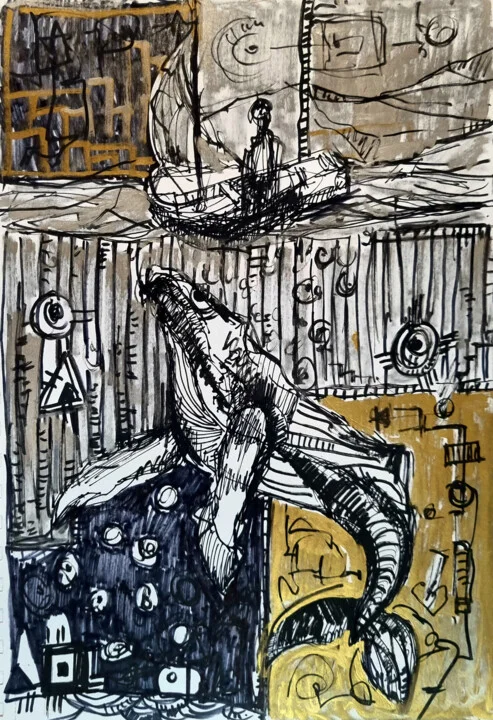 Click to view in high resolution Black and Gold Whale Encounter Drawing