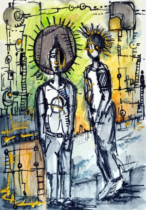 Click to view in high resolution Yellow and Green Punk Figures Drawing